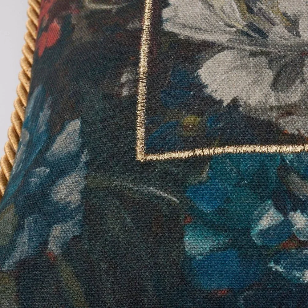 Moody Botanical‎ Floral Velvet Accent Pillow Gold Rope Trim Dark Cottage Decor